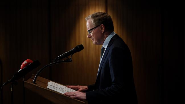 Philip Lowe outlines the RBA’s moves to the media in Sydney on Thursday Picture: AAP