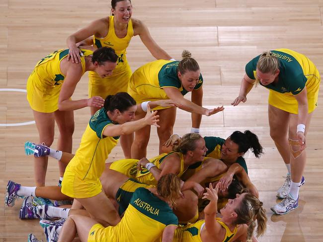 Diamonds players celebrate winning the gold medal match at the Commonwealth Games in Glasgow in 2014.