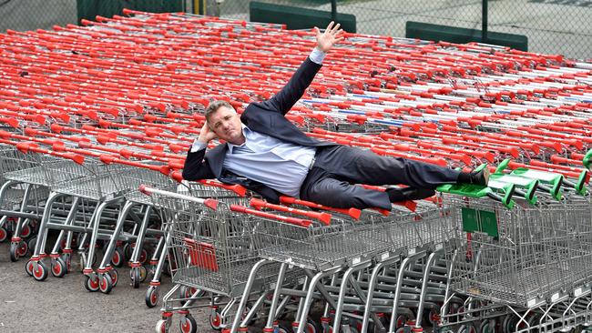 Hornsby councillor Nathan Tilbury with over 400 shopping trolleys impounded at Community Recycling Centre at Thornleigh. Pic: AAP Image/Troy Snook