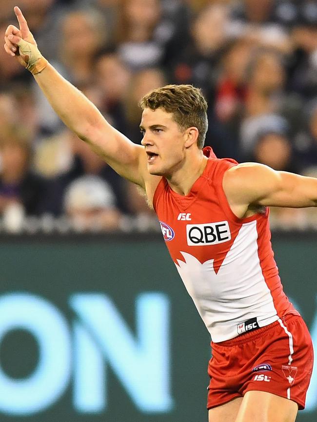 MELBOURNE, AUSTRALIA - SEPTEMBER 23: Tom Papley of the Swans celebrates kicking a goal during the AFL Second Preliminary Final match between the Geelong Cats and the Sydney Swans at Melbourne Cricket Ground on September 23, 2016 in Melbourne, Australia. (Photo by Quinn Rooney/Getty Images)