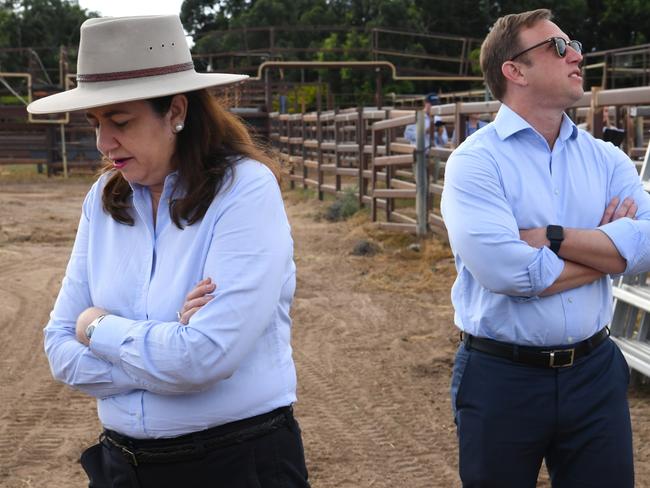 Queensland Premier Annastacia Palaszczuk (left) and Deputy Premier Steven Miles (right) are seen at the Longreach saleyards in the western Queensland town of  Longreach, Tuesday, May 4, 2021. The cabinet of Premier Palaszczuk's Queensland government is meeting in Longreach as part of her tour of regional Queensland. (AAP Image/Darren England) NO ARCHIVING