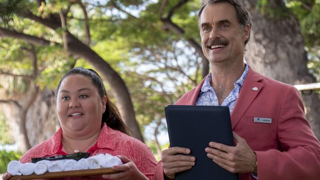 Jolene Purdy and Murray Bartlett in the first episode of The White Lotus.