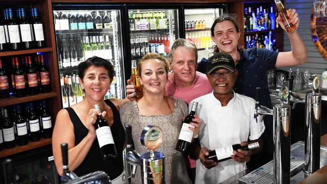 The Bridge Mooloolaba staff members, apprentice chef Tania Hickmott, manager Elly Balwanz, owner Rolf Mueller, head chef Mahinda Panditha and bar manager Ben Van Woerkom. Photo: Patrick Woods.