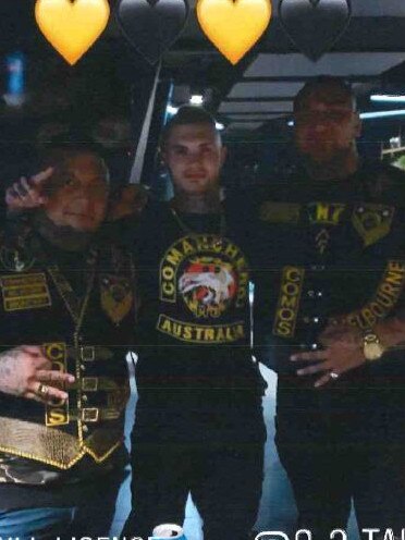 Zachary Robb (middle), identified by ACT Police, pictured on his Instagram page in full Comanchero regalia with Laiseni Kakato and Christian Tuamoefolau. Picture: ACT Police/ACT Magistrates Court