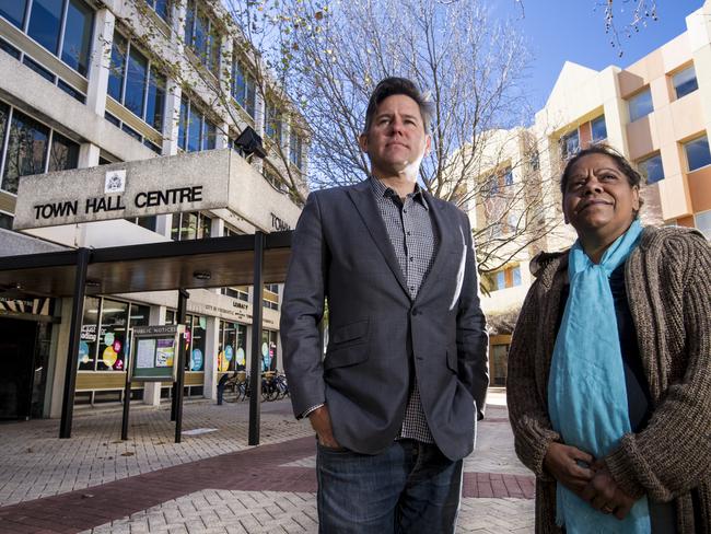 Fremantle Mayor Brad Pettitt and indigenous activist Corina Abraham outside of the Town Hall in Fremantle, after the announcement that Fremantle's annual Australia Day fireworks celebration will be cancelled due to cultural sensitivity.