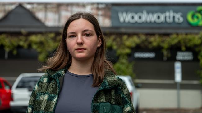 Woolworths Stirling employee Leela Cotton-Kenny at the scene of the Stirling Village Shopping centre fire. Photo: Naomi Jellicoe