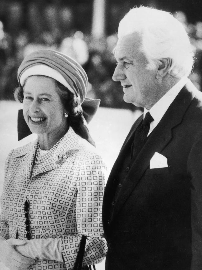 April 5 1977: Sir John Kerr, the Governor-General of Australia, escorts Queen Elizabeth II to her aircraft at Perth Airport, following her Jubilee Tour of the country. Picture: Central Press/Getty Images