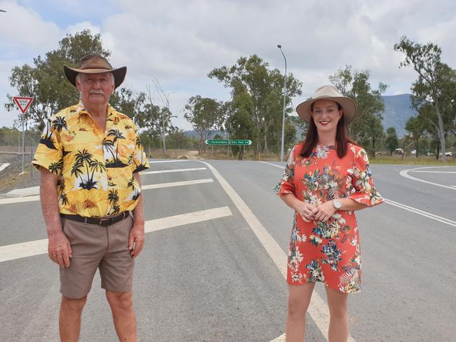 Emu Park resident Bruce Craig and Member for Keppel Brittany Lauga at today's Emu Park Rd announcement.