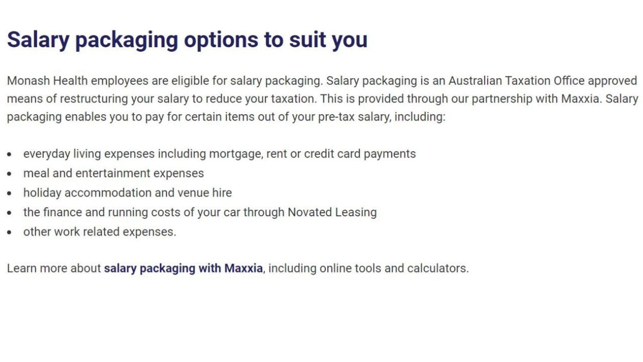 How Monash Health promotes salary sacrificing – including for a novated car lease – with Maxxia on its website. Picture: Monash Health.