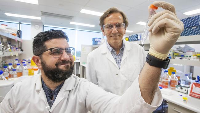 Dr Harry Al-Wassiti with Professor Colin Pouton at Monash University where they are making an mRNA vaccine against COVID-19. Picture: Aaron Francis