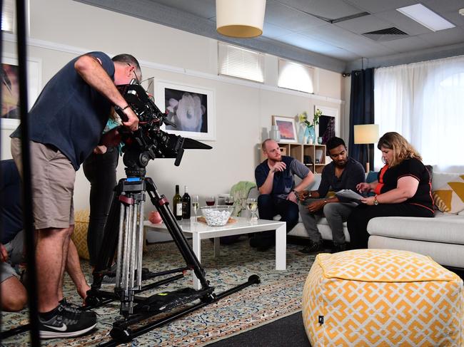 Behind the scenes on Orange is the New Brown with Broden Kelly, Nazeem Hussain and Urzila Carlson. Picture: Tony Mott