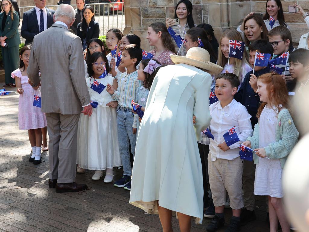 Their Majesties greet children after a church service officiated by the Archbishop of Sydney Kanishka Raffel at a church in North Sydney. Picture: NewsWire / Rohan Kelly