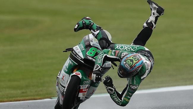 Australia’s Remy Gardner loses control during Moto2 practice.