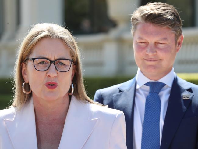 Premier Jacinta Allan and Deputy Premier Ben Carroll hold a press conference after the swearing in ceremony at Government house of the Victorian Ministry. Monday, October 2, 2023. Picture: David Crosling