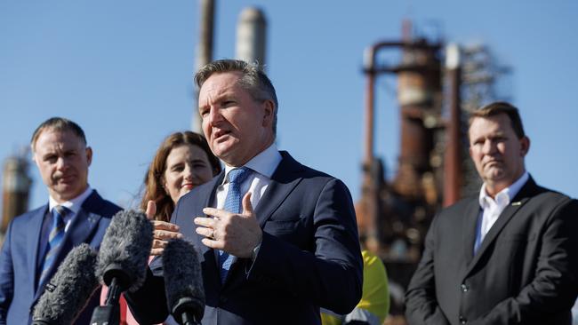 Energy Minister Chris Bowen talks at a press conference at Ampol Oil refinery at Lytton. Picture: Lachie Millard