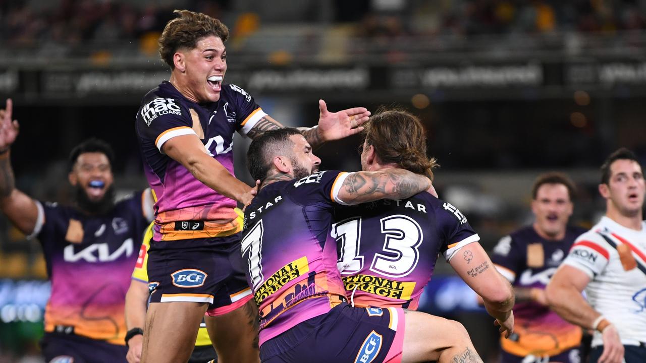 Patrick Carrigan of the Broncos celebrates after scoring a try during  News Photo - Getty Images