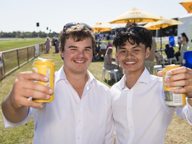 Campbell Jessen (left) and Glen Cruda at Warwick Cup race day at Allman Park Racecourse, Saturday, October 14, 2023. Picture: Kevin Farmer