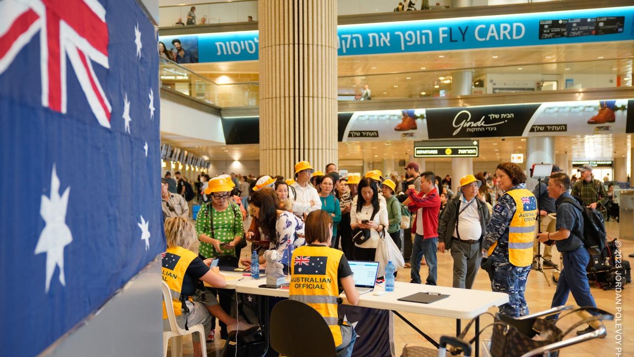 Australians arrive at Ben Guruon Airport Tel Aviv, to board a Qantas special assistance flight to London. Picture: Jordan Polevoy