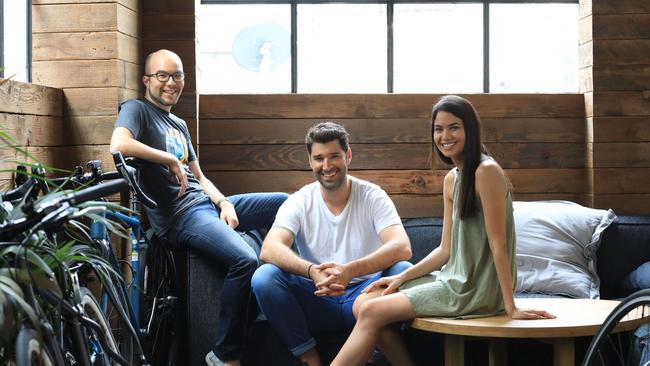 Canva’s chief product officer Cameron Adams with fellow co-founders Cliff Obrecht and Melanie Perkins says Europe is a hotbed for talent. Picture: Supplied