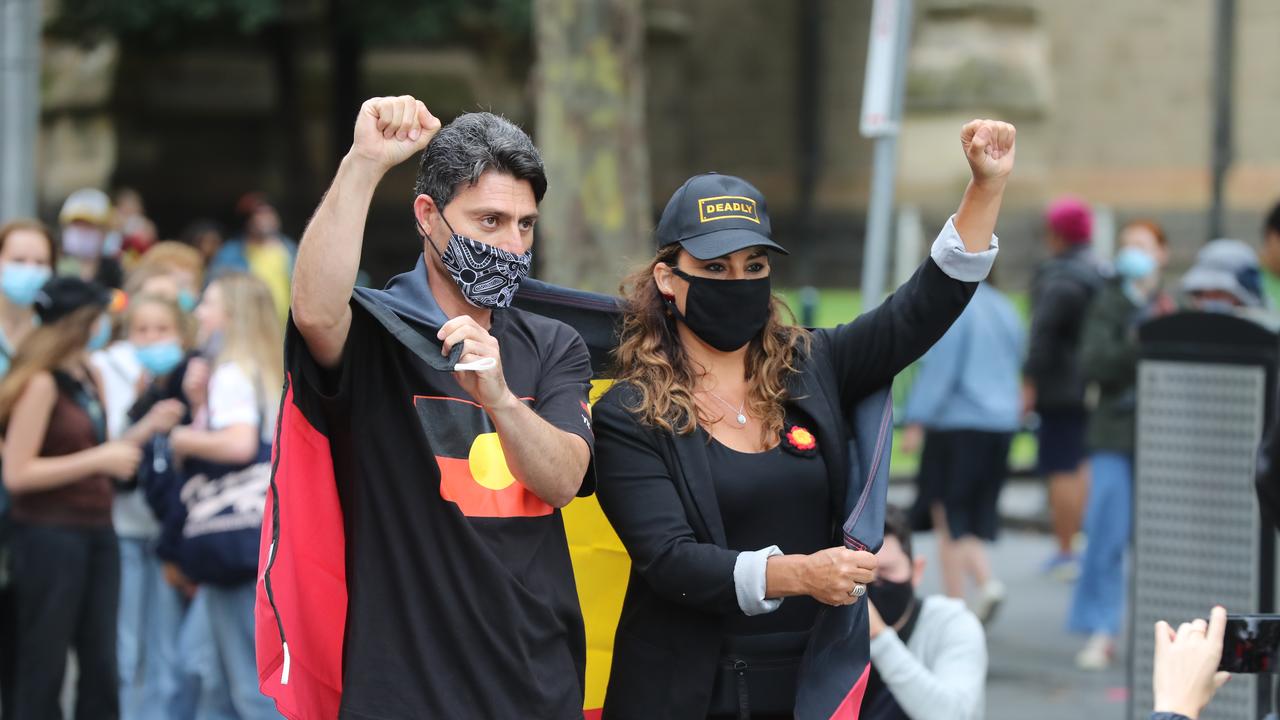 Invasion Day Rally through the streets of Melbourne on Australia Day. Picture: Alex Coppel.