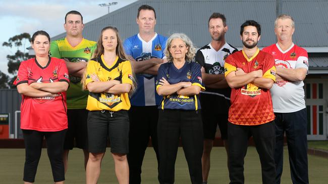 SA Super League players, from left, Laini McGorman (Eastern Raiders), Max Kleinig (Western Rogues), Cassandra Harvey (Heysen Comets), Mathew Short (Northern Knights), Renata Callisto (Central Chargers), Simon Dorr (Mallee Pirates), Ashley Whiley (Southern Blazers) and Ken Holtham (South Eastern Spartans). Picture: AAP/Emma Brasier