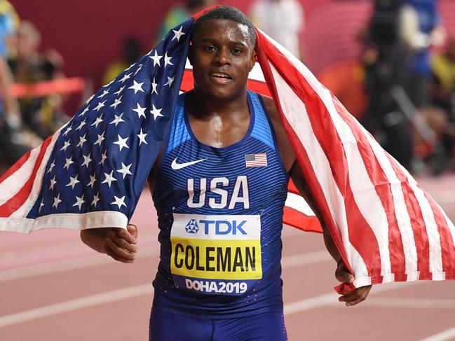 (FILES) This file photo taken on September 28, 2019 shows Christian Coleman of the US reacting after winning the men's 100m final at the 2019 IAAF World Athletics Championships at the Khalifa International stadium in Doha. - Reigning world 100m champion Christian Coleman was provisionally suspended on June 17, 2020 after missing a doping test, the Athletics Integrity Unit said. (Photo by Kirill KUDRYAVTSEV / AFP)