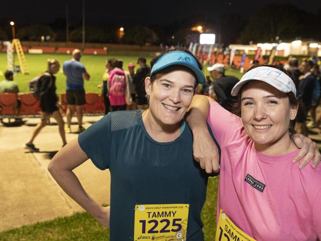 Dalby runners Tammy Maxwell (left) and Sammy Stockley before the half marathon of the Toowoomba Marathon event, Sunday, May 5, 2024. Picture: Kevin Farmer