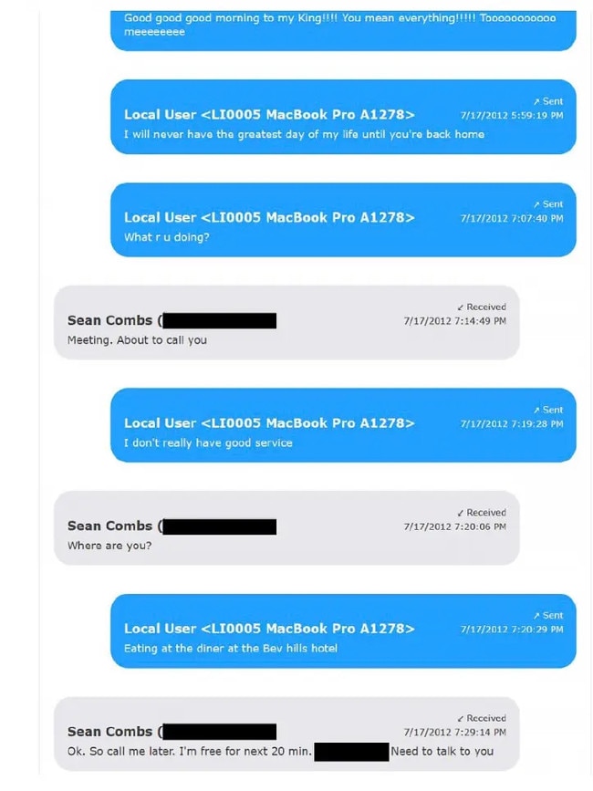 The texts between Sean Combs and Cassie Ventura. Picture: Supplied