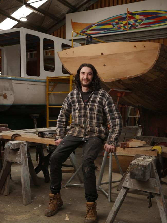 Tynan Herington the first apprentice to be taken on at The Wooden Boat Centre in Franklin to complete an apprenticeship in marine craft construction. Picture: Nikki Davis-Jones