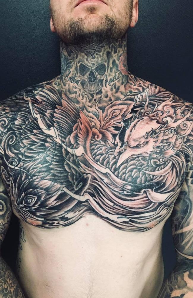 Rayner says he's in great company in the Whitsundays with many great tattoo artists he was honoured to be nominated among in the Best Tattoo Artist competition. Pictured: A chest piece completed in July 2021.