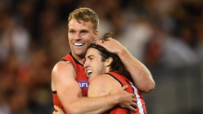 Important duo Jake Stringer (left) and Andrew McGrath are among a raft of Bombers yet to commit to the club beyond 2024. Picture: Julian Smith / AAP