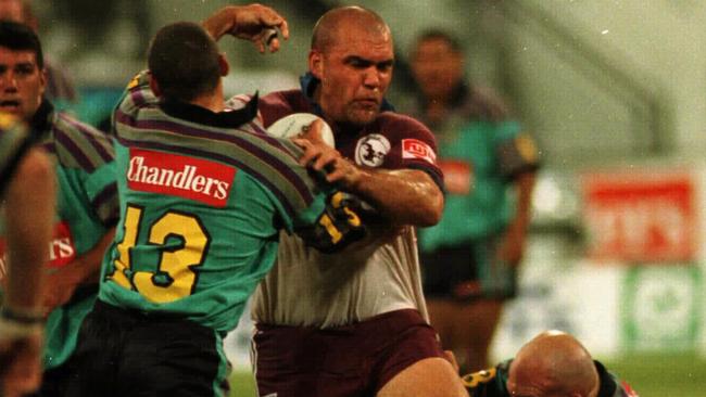 Manly's Neil Tierney tries to get through the Gold Coast defence during the Gold Coast Chargers vs. Manly game, 23 August 1997.