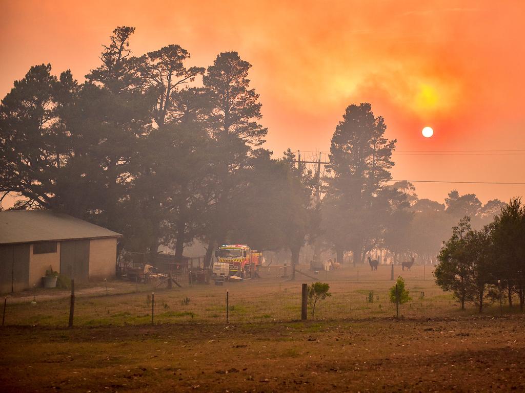 As the dawn breaks across the Blue Mountains the damage from yesterdayâ€™s firestorm becomes apparent. Many roads between Mt Wilson and Bilpin are impassable. Access to the damaged buildings and assets is limited. Picture: Matrix