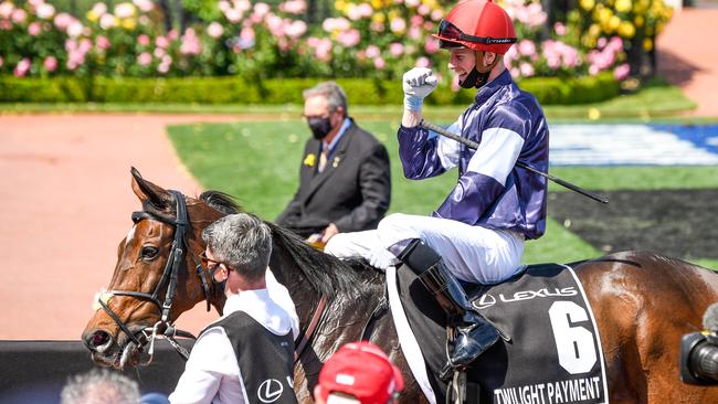 Twilight Payment and Jye McNeil return after winning the 2020 Melbourne Cup Picture: Reg Ryan – Racing Photos via Getty Images