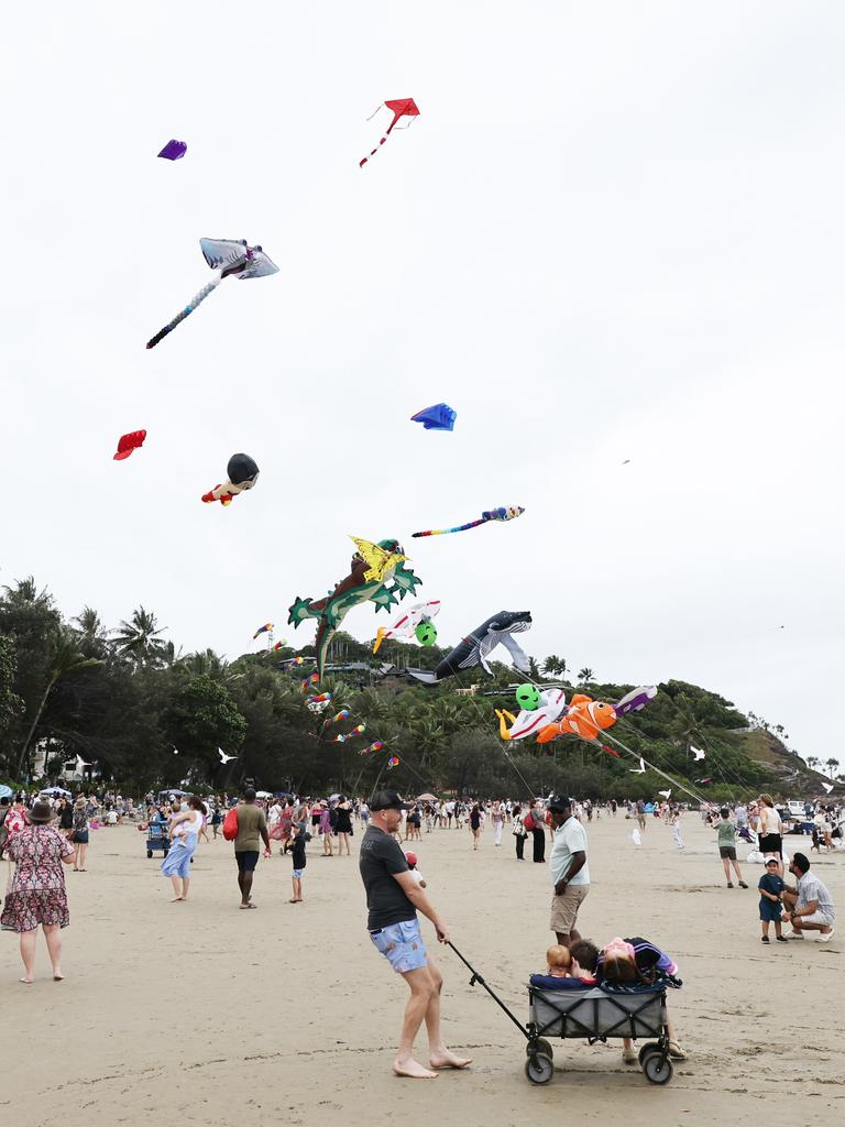 A multitude of large kites from Kites Queensland fly above Four Mile Beach at Port Douglas Carnivale's family beach day on Saturday. Picture: Brendan Radke