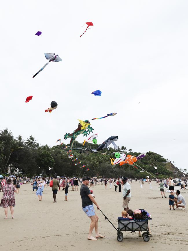 A multitude of large kites from Kites Queensland fly above Four Mile Beach at Port Douglas Carnivale's family beach day on Saturday. Picture: Brendan Radke