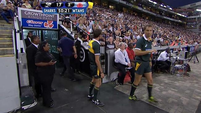 Another TV still of Cheika exiting up the tunnel after his alleged sideline altercation.