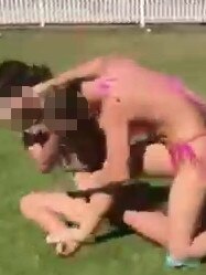 A sickening video has gone viral showing a teenage girl attacking two other young females at an eastern suburbs beach. Picture: Supplied