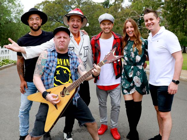 Chris Sebastian, Dave Eastgate, Sam Moran, Guy Sebastian, Jules Sebastian and Johnny Ruffo at Parramatta Park ahead of Carols in the Crescent. Pictures: Angelo Velardo