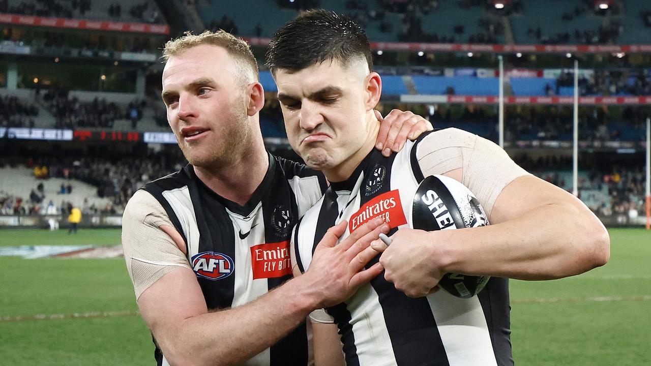 Tom Mitchell (left) and Brayden Maynard after Collingwood’s victory. Picture: Michael Willson/AFL Photos via Getty Images.