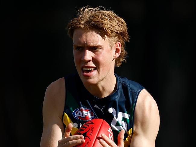 Noah Mraz is a Pies fan who models his game on Darcy Moore. Picture: Michael Willson/AFL Photos via Getty Images