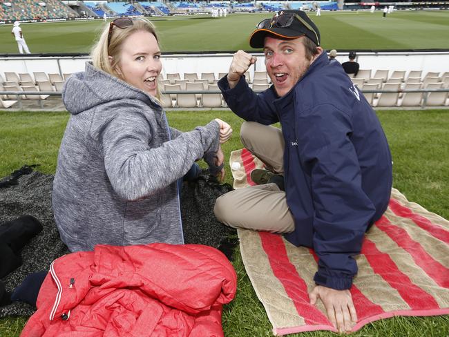 Sophie Broomhall, from the Glebe, with Andrew Bryce, of Durban in South Africa, enjoying a day at the  cricket. Picture: KIM EISZELE