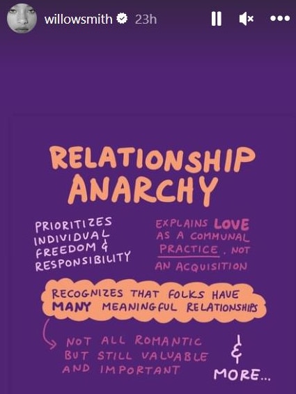 Willow Smith’s Instagram stories on Saturday include a post about ‘relationship anarchy’. Smith has been polyamorous since she was teenager. Photo: Instagram.