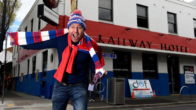 Railway Hotel in Yarraville has been painted red, white and blue for the Doggies. Picture: Kylie Else