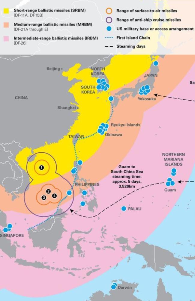 The range of Chinese missiles is shown above. They can now reach as far as the US territory and military base in Guam. Picture: US Studies Centre.