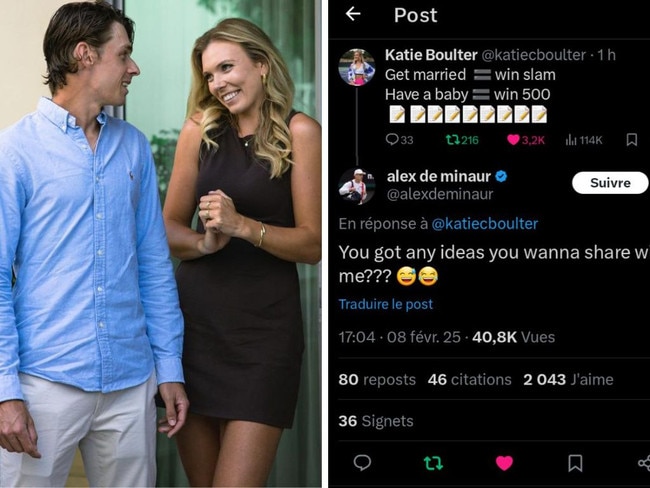 Alex de Minaur, Katie Boulter and their cheeky X exchange. Photos: Instagram/X