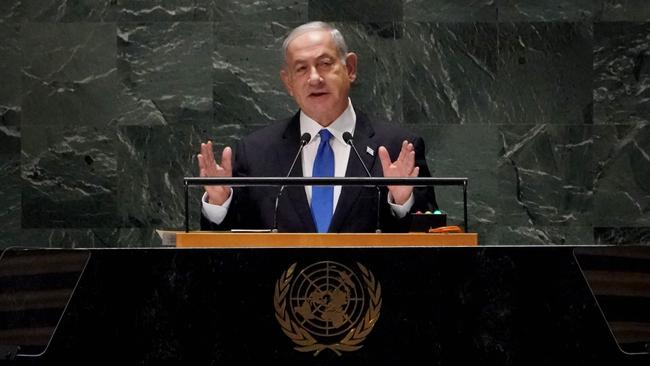 Israeli Prime Minister Benjamin Netanyahu addresses the 78th United Nations General Assembly at UN headquarters in New York City on September 22, 2023.