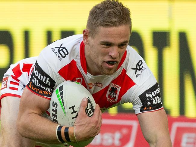 Mathew Dufty of the Dragons scores a try during the Round 8 NRL match between the Parramatta Eels and the St George Illawarra Dragons at Bankwest Stadium in Sydney, Sunday, May 5, 2019. AAP Image/Steve Christo) NO ARCHIVING, EDITORIAL USE ONLY