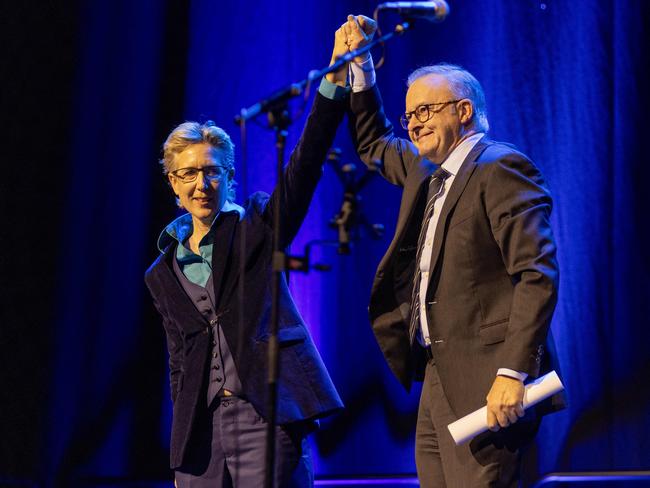 June 5, 2024: Prime Minister Anthony Albanese with ACTU Secretary, Sally McManus before he delivered a speech to the ACTU congress in Adelaide.  Picture: Kelly Barnes