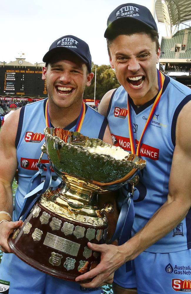 Sturt’s Zane Kirkwood and Jack Stephens celebrate. Picture SARAH REED